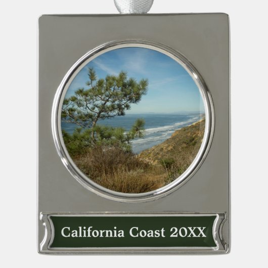 Torrey Pine en het kustlandschap van Californië Verzilverd Banner Ornament (Voorkant)