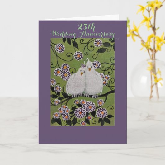 Tortelduifjes / 25ste bruiloft Jubileum Kaart (Gele Bloem)