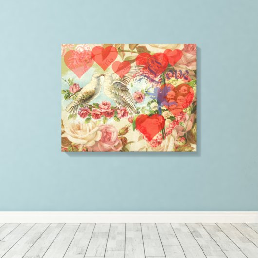 Tortelduifjes Antiek Hart Canvas Afdruk (Insitu (Houten vloer))