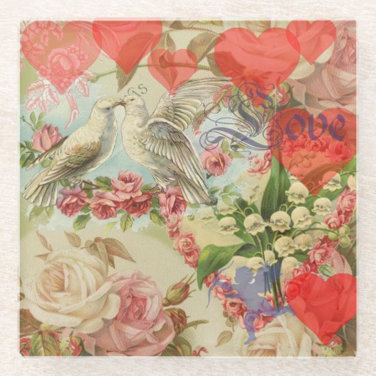 Tortelduifjes Antiek Hart Glazen Onderzetter (Voorkant)