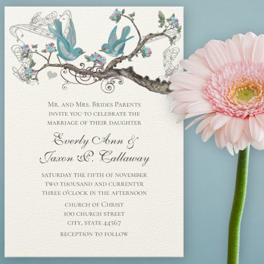  Tortelduifjes Aqua Blue en Pink Wedding Kaart