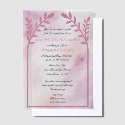 Tortelduifjes Bloemboog Roze bruiloft Vellum Uitnodigingen (Offset)