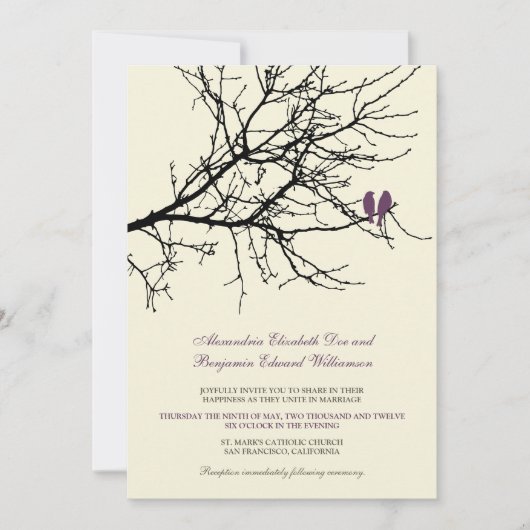 Tortelduifjes Branch Wedding Invitation (plum) Kaart (Voorkant)