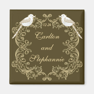 Tortelduifjes bruin/crème bruiloft magneet