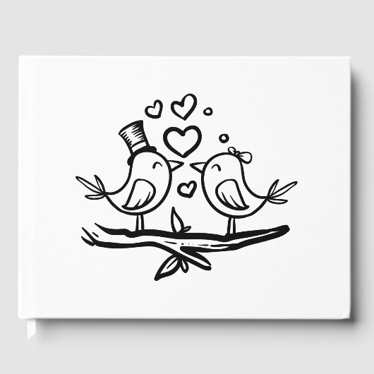 Tortelduifjes Cartoon Lovebirds Zwart Wit Huwelijk Gastenboek (Voorkant)