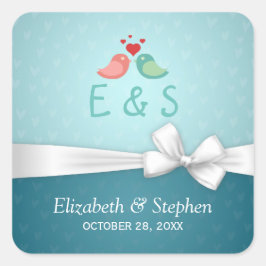 Tortelduifjes Couple Blue White Ribbon Weddenschap Vierkante Sticker