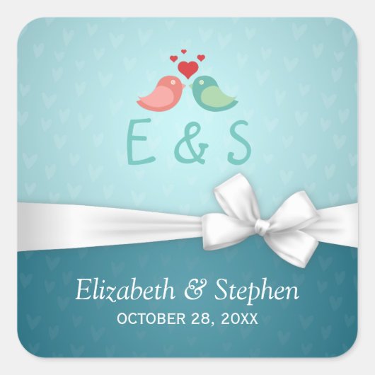 Tortelduifjes Couple Blue White Ribbon Weddenschap Vierkante Sticker (Voorkant)