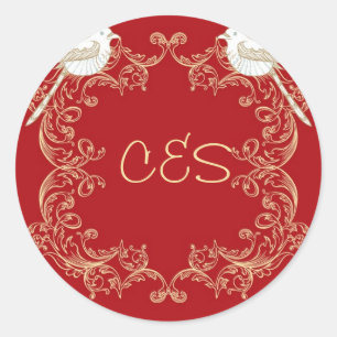 Tortelduifjes Crimson/Creme bruiloft envelop Stick Ronde Sticker