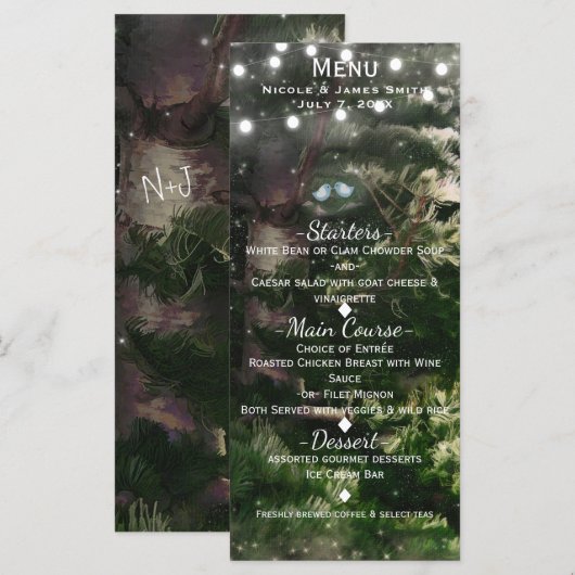 Tortelduifjes + dennenboom nacht bruiloft menu Kaa (Voorkant / Achterkant)