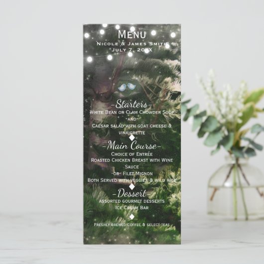 Tortelduifjes + dennenboom nacht bruiloft menu Kaa (Staand voorkant)