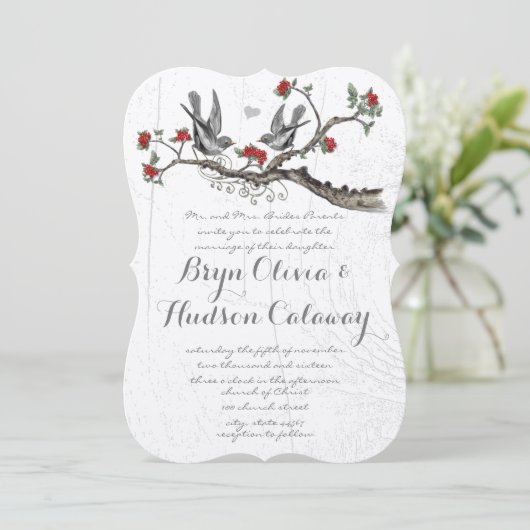 Tortelduifjes die in een rode bloesems zitten Kaart (Staand voorkant)