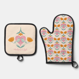Tortelduifjes- en bloemmotief ovenwant & pannenlap set