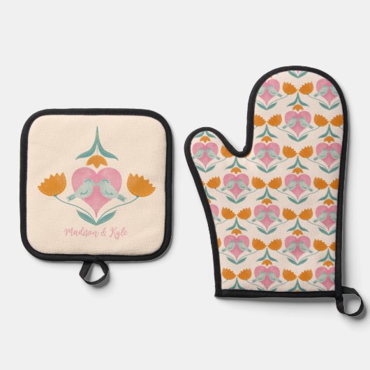 Tortelduifjes- en bloemmotief ovenwant & pannenlap set (Voorkant)