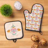 Tortelduifjes- en bloemmotief ovenwant & pannenlap set (Top down)