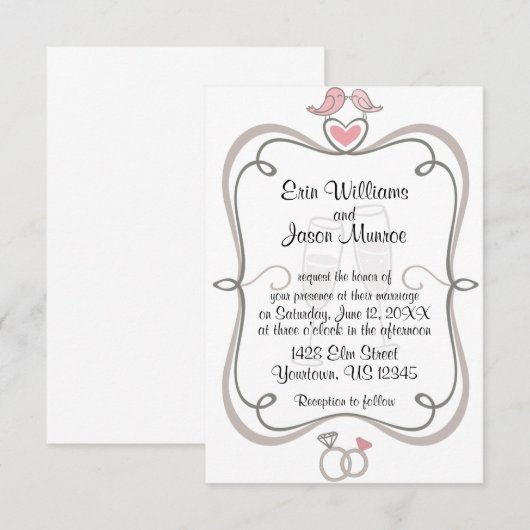 Tortelduifjes en Champagne Invitation Kaart (Voorkant / Achterkant)