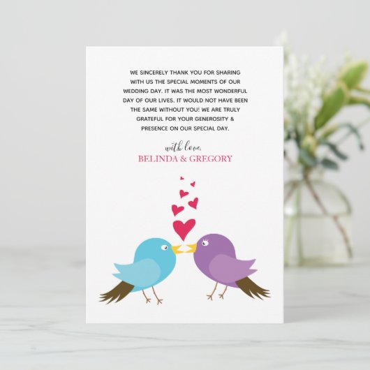 Tortelduifjes en harten bruiloft bedankkaart (Staand voorkant)