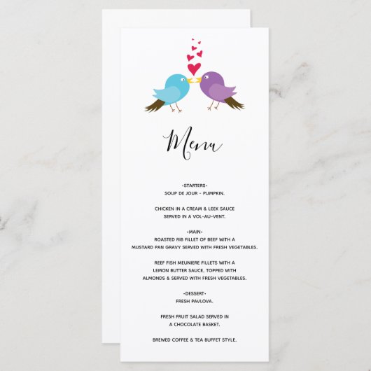 Tortelduifjes en harten bruiloft menu (Voorkant / Achterkant)