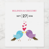 Tortelduifjes en harten bruiloft wijn etiket (Enkel label)