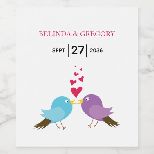 Tortelduifjes en harten bruiloft wijn etiket (Enkel label)