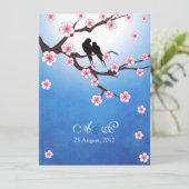 Tortelduifjes en Sakura - Blauwe achtergrond Kaart (Staand voorkant)