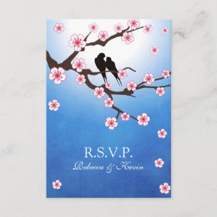 Tortelduifjes en Sakura - Blauwe achtergrond RSVP Kaartje