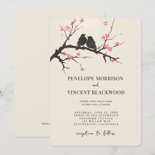 Tortelduifjes en Sakura huwelijksuitnodiging Kaart (Voorkant / Achterkant)