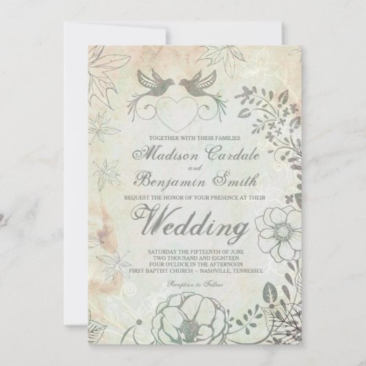 Tortelduifjes - Floral Wedding-uitnodigingen Kaart (Voorkant)