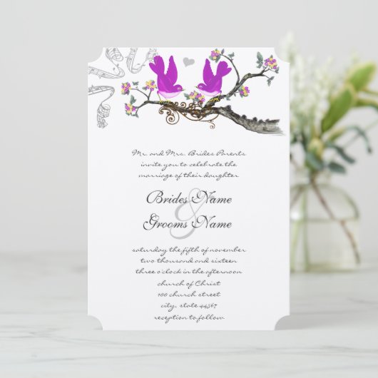  Tortelduifjes Geel en Roze bruiloft uitnodigen Kaart (Staand voorkant)