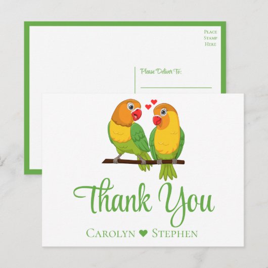Tortelduifjes Groen Geel Lovebird Bruiloft Dank u Briefkaart (Voorkant / Achterkant)