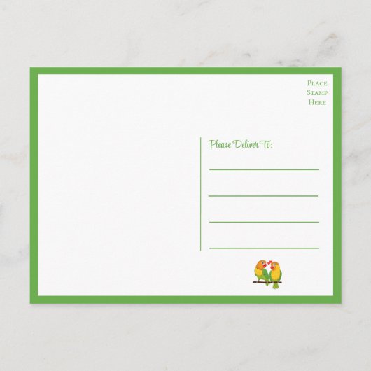 Tortelduifjes Groen Geel Lovebird Bruiloft Dank u Briefkaart (Achterkant)