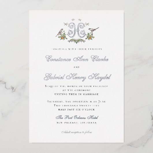 Tortelduifjes "H" Monogram Folie Huwelijksuitnodig Folie Uitnodiging (Voorkant)