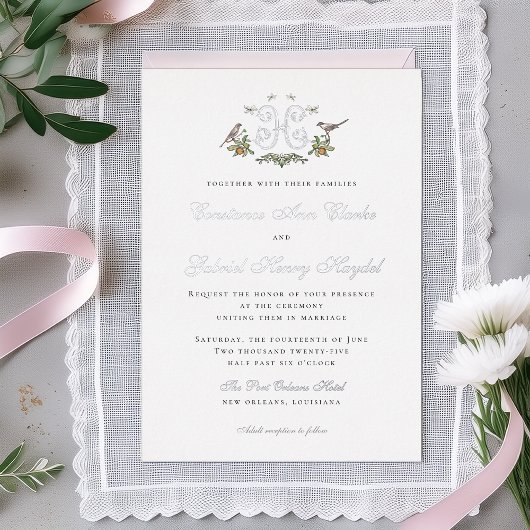 Tortelduifjes "H" Monogram Folie Huwelijksuitnodig Uitnodiging