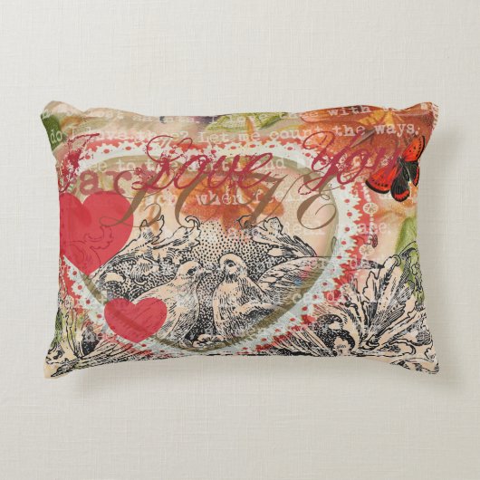 Tortelduifjes Hart Rode Kunst Collage Accent Kussen (Voorkant)