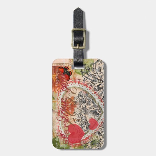 Tortelduifjes Hart Rode Kunst Collage Bagagelabel (Voorkant verticaal)