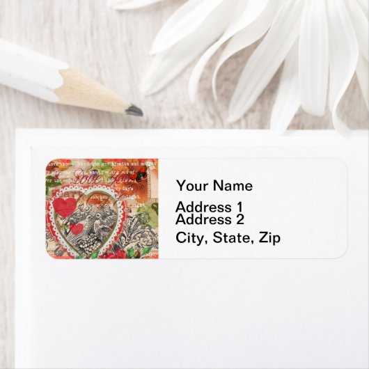 Tortelduifjes Hart Rode Kunst Collage Etiket (Insitu)