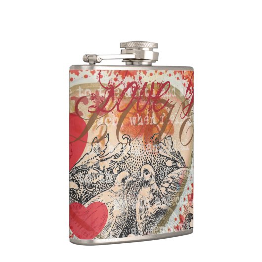 Tortelduifjes Hart Rode Kunst Collage Heupfles (Rechts)