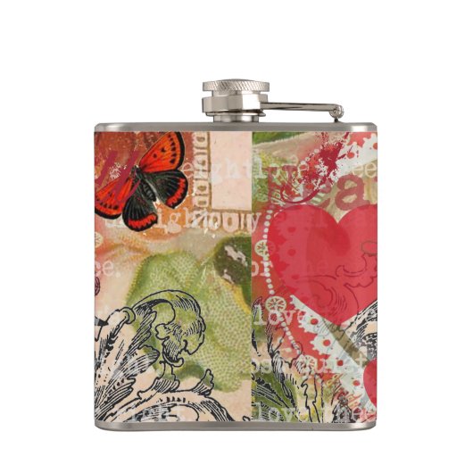 Tortelduifjes Hart Rode Kunst Collage Heupfles (Achterkant)