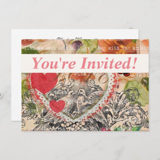 Tortelduifjes Hart Rode Kunst Collage Kaart (Voorkant / Achterkant)