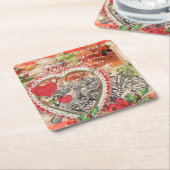 Tortelduifjes Hart Rode Kunst Collage Kartonnen Onderzetters (Schuin)