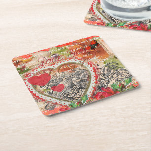 Tortelduifjes Hart Rode Kunst Collage Kartonnen Onderzetters