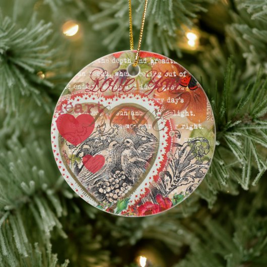 Tortelduifjes Hart Rode Kunst Collage Keramisch Ornament (Boom)