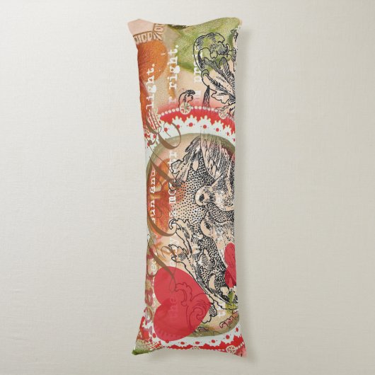 Tortelduifjes Hart Rode Kunst Collage Lichaamskussen (Voorkant Verticaal)