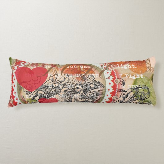 Tortelduifjes Hart Rode Kunst Collage Lichaamskussen (Voorkant)