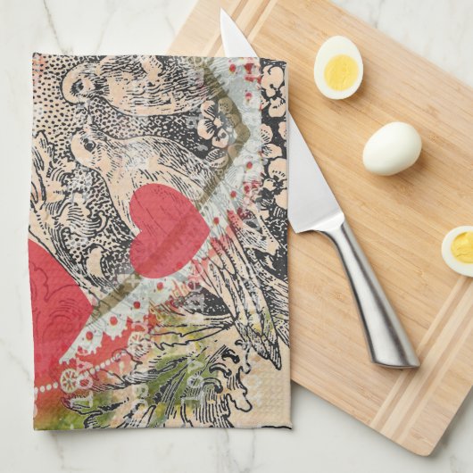 Tortelduifjes Hart Rode Kunst Collage Theedoek (Quarter Fold)