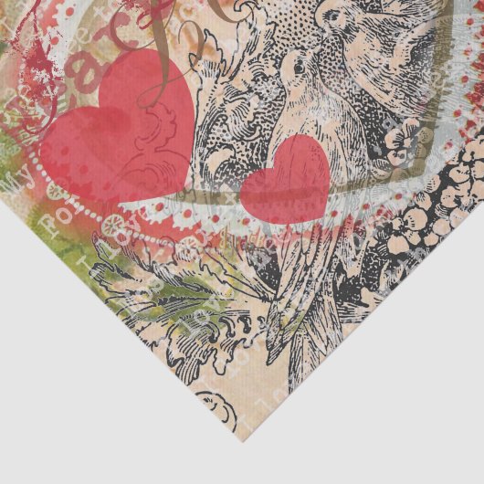 Tortelduifjes Hart Rode Kunst Collage Tissuepapier (Detail)