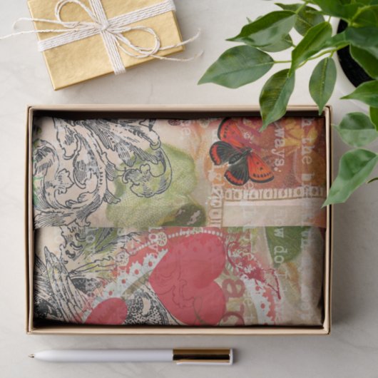 Tortelduifjes Hart Rode Kunst Collage Tissuepapier (Geschenk)