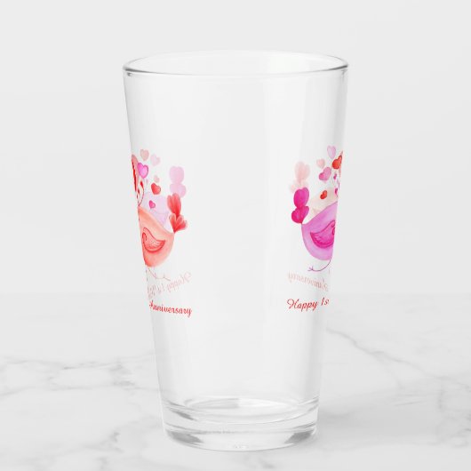 Tortelduifjes hart rood roze 1e Jubileum kunst Glas (Links)