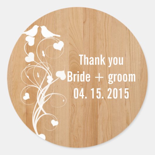 Tortelduifjes harten wervelt bruin hout bruiloft u ronde sticker (Voorkant)