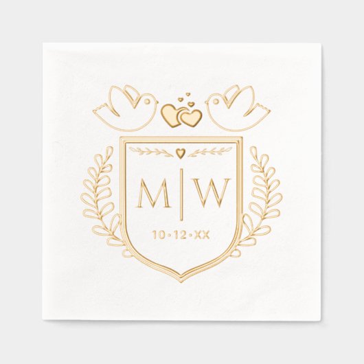 Tortelduifjes Heart Crest 2 Initiaal Bruiloft Mono Folie Servetten (Voorkant)
