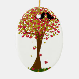 Tortelduifjes in de herfst van een hartenboom keramisch ornament